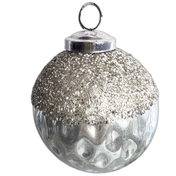 NWB Tinsel & Fir Silver 4” Beaded Christmas ballS ornaments hammered texture - Picture 2 of 8